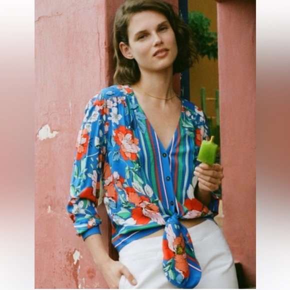 Anthropologie Tops - Maeve Anthropologie Women’s Elan Scarf Floral Print Blouse Blue Tie Waist